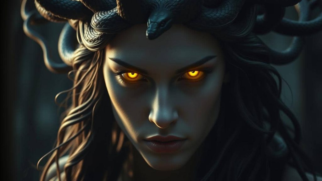 Los ojos de Medusa transformando en piedra a sus atacantes