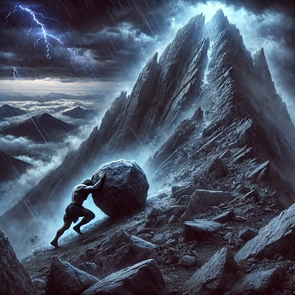 Sísifo arrastrando su roca montaña arriba